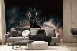 Fototapeta: Muzyk gra na dużym gitara rock w wielkim dymie