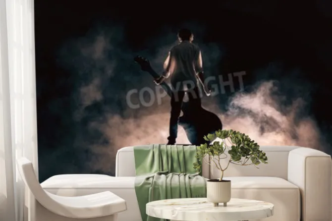 Fototapeta: Muzyk gra na dużym gitara rock w wielkim dymie