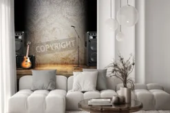 Fototapeta: Muzyka i śpiew etap tła, mikrofon, głośniki z gitarze i podłogi