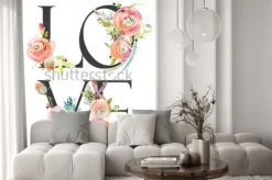 Fototapeta: Napis love z akwarelowymi kwiatami