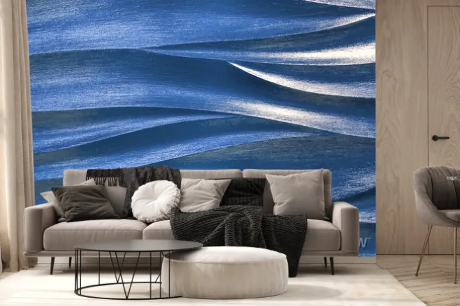 Fototapeta: Navy blue 3d interior decorative wall panel with wavy pattern.