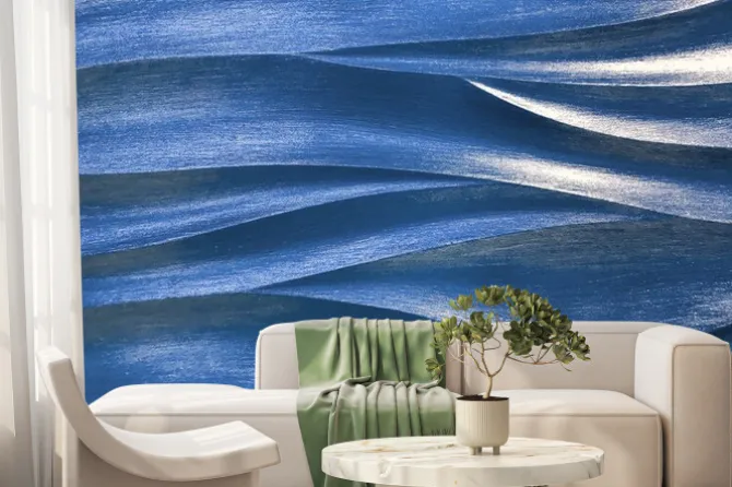 Fototapeta: Navy blue 3d interior decorative wall panel with wavy pattern.