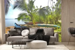 Fototapeta: Niebieska katamaran znajduje się na pięknej plaży na tropikalnej