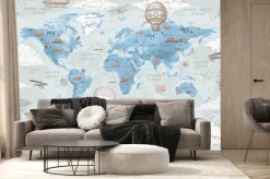 Fototapeta: Niebieska retro mapa świata z balonami