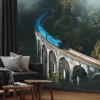 Fototapeta: Niebieski pociąg na moście krajobraz