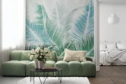 Fototapeta: Niebieskie i zielone liście palmowe botaniczny wzór