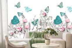 Fototapeta: Niebieskie i zielone motyle nad kwiecistą łąką kwiaty 3d na białym