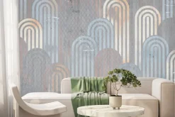 Fototapeta: Niebieskie i złote łuki na szarym tle