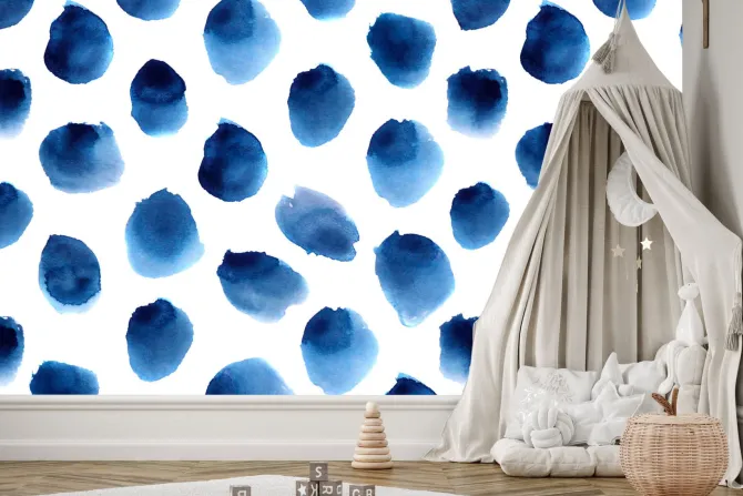 Fototapeta: Niebieskie kropki na białym tle w stylu akwareli