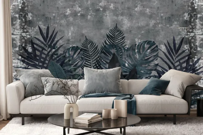 Fototapeta: Niebieskie liście tropikalne na tle betonu