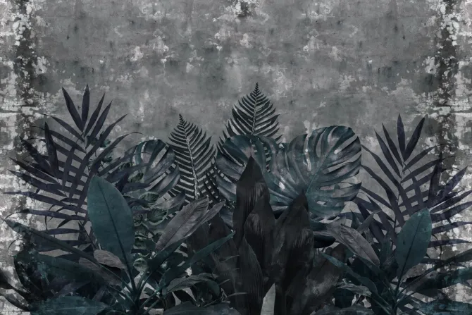 Fototapeta: Niebieskie liście tropikalne na tle betonu