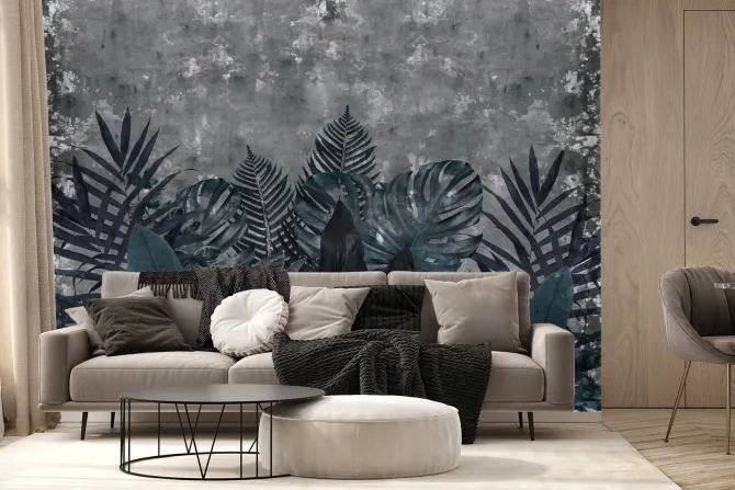 Fototapeta: Niebieskie liście tropikalne na tle betonu