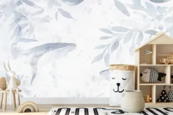 Fototapeta: Niebieskie liście i wieloryby w delikatnym stylu akwareli