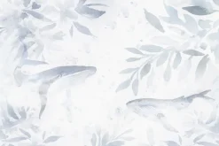 Fototapeta: Niebieskie liście i wieloryby w delikatnym stylu akwareli