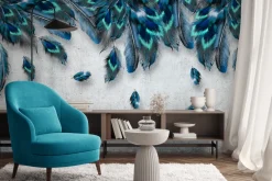 Fototapeta: Niebieskie pióra na szarym betonowym tle styl loft industrialny