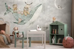 Fototapeta: Niebo z wielorybem księżycem i zwierzątkami bajkowy dziecięcy