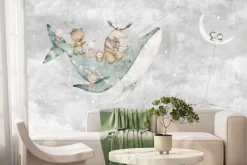 Fototapeta: Niebo z wielorybem księżycem i zwierzątkami bajkowy dziecięcy