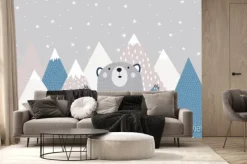 Fototapeta: Niedźwiadek i krajobraz z górami