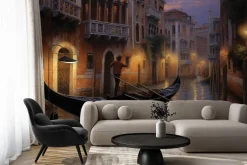 Fototapeta: Nocna panorama wenecji z gondolierem