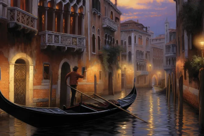 Fototapeta: Nocna panorama wenecji z gondolierem