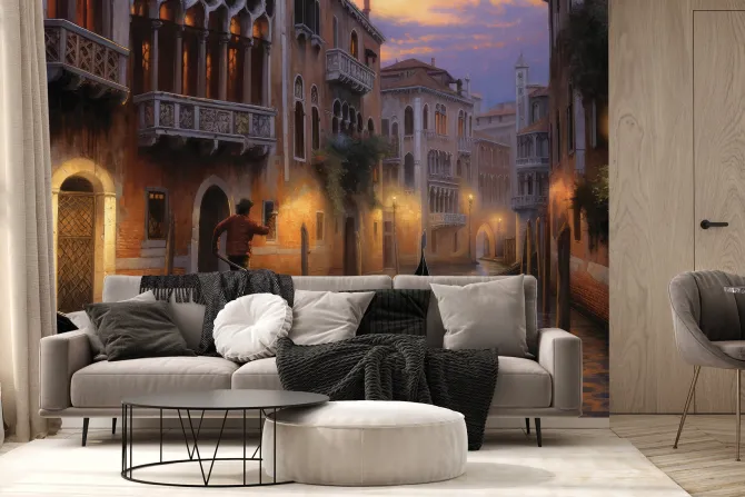 Fototapeta: Nocna panorama wenecji z gondolierem