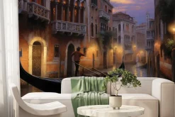 Fototapeta: Nocna panorama wenecji z gondolierem