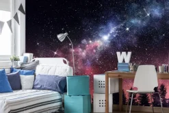 Fototapeta: Nocny krajobraz z lasem i gwiazdami