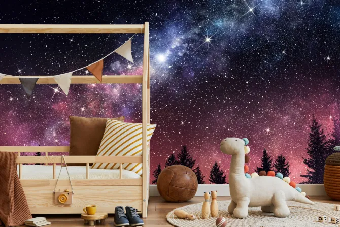 Fototapeta: Nocny krajobraz z lasem i gwiazdami