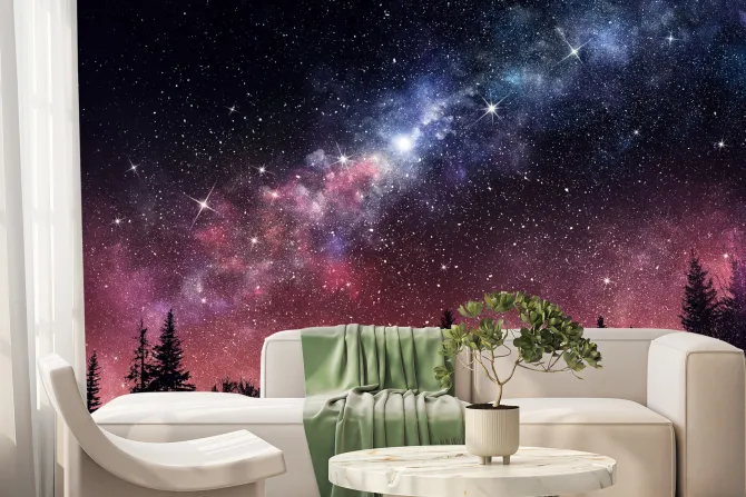 Fototapeta: Nocny krajobraz z lasem i gwiazdami