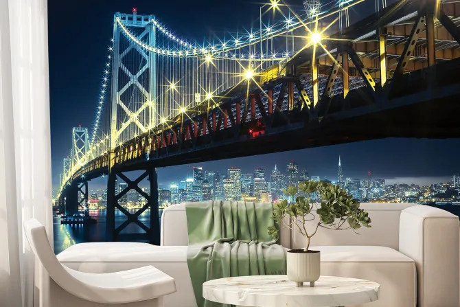 Fototapeta: Nocny krajobraz widok na most i oświetlone budynki