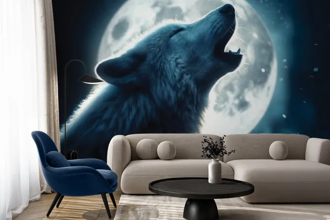 Fototapeta: Nocny wilk wyjący pod jasnym księżycem