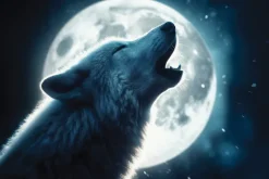 Fototapeta: Nocny wilk wyjący pod jasnym księżycem