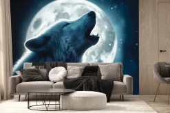 Fototapeta: Nocny wilk wyjący pod jasnym księżycem