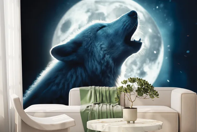 Fototapeta: Nocny wilk wyjący pod jasnym księżycem