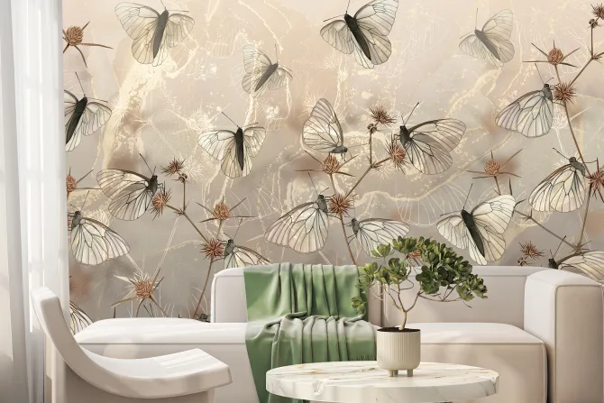Fototapeta: Nowoczesna abstrakcja motyle i dzikie rośliny polne na teksturowym