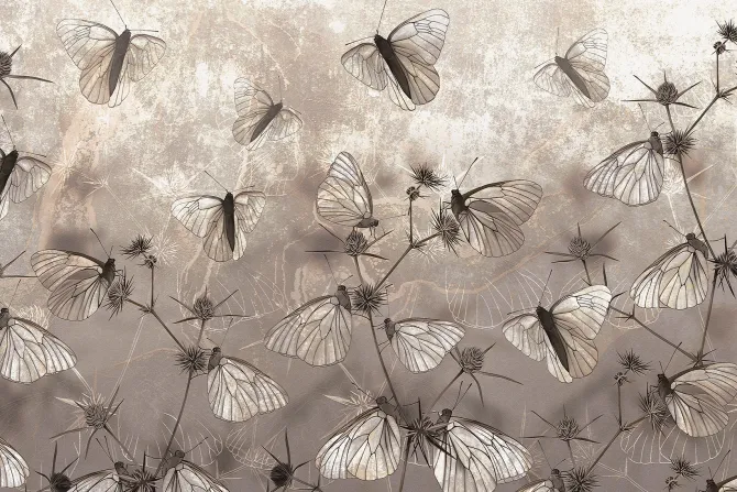 Fototapeta: Nowoczesna abstrakcja motyle i dzikie rośliny polne na teksturowym