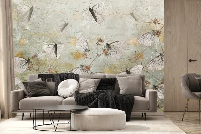 Fototapeta: Nowoczesna abstrakcja motyle i dzikie rośliny polne na teksturowym
