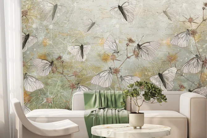 Fototapeta: Nowoczesna abstrakcja motyle i dzikie rośliny polne na teksturowym