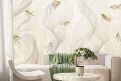 Fototapeta: Nowoczesny wzór ryby i linie na beżowym tle w stylu minimalistycznym