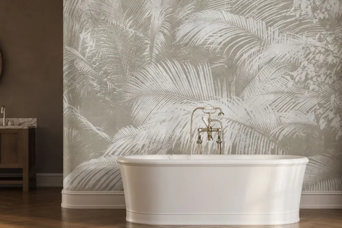 Fototapeta: Odbicie liści palm na beżowym betonie