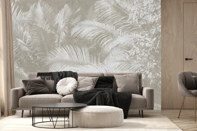 Fototapeta: Odbicie liści palm na beżowym betonie