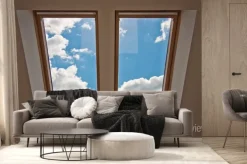 Fototapeta: Okno dachowe z widokiem na niebo