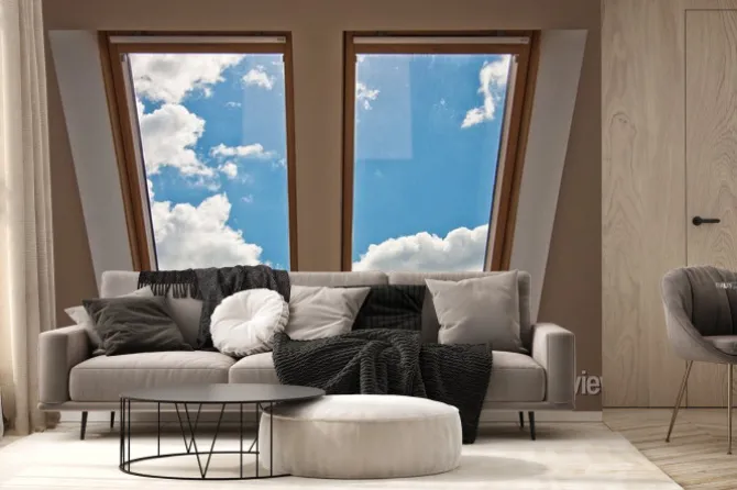 Fototapeta: Okno dachowe z widokiem na niebo