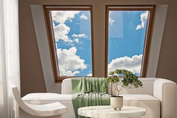 Fototapeta: Okno dachowe z widokiem na niebo