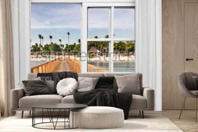 Fototapeta: Okno otwarte widok na altanę w morzu