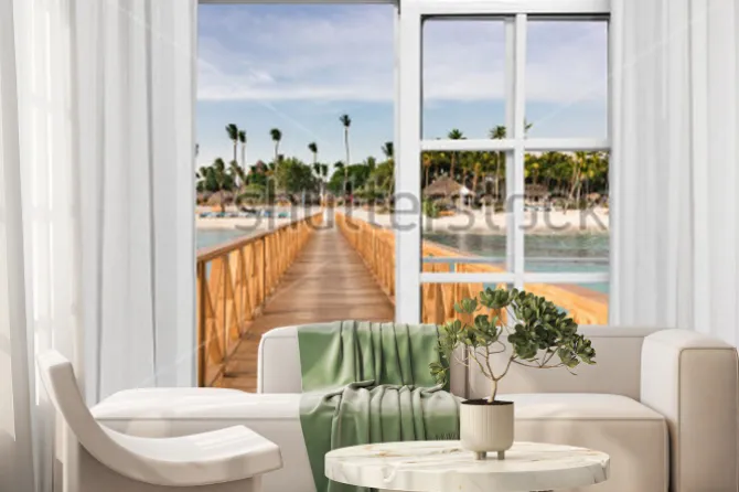 Fototapeta: Okno otwarte widok na altanę w morzu