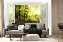 Fototapeta: Okno z widokiem na wodę i las