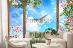 Fototapeta: Okno z widokiem na kwitnące gałązki i białego gołębia
