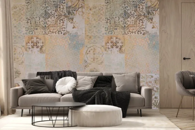 Fototapeta: Old brown gray rusty vintage worn geometric shabby mosaic ornate