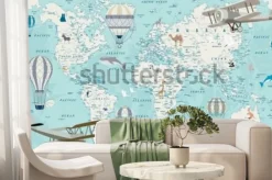 Fototapeta: Old geography travel map with regional animals and aircrafts.